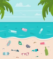 Fototapeta na wymiar Dirty beach. Plastic, glass and other waste on the beach. Dirty seashore. Environmental pollution. Ocean debris on the shore and in the water. Colorful vector illustration in flat style.