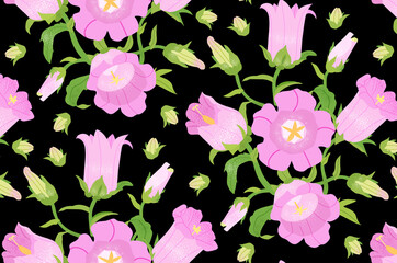 Seamless pattern botanical with Pink pastel color Campanula flowers abstract black bacground. illustration hand drawn line art.