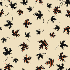 Autumn falling leaves seamless pattern. Vector background with maple leaf silhouettes. Stylish abstract texture. Black, beige and orange color. Hand drawn art. Repeated design for print, decor, wrap