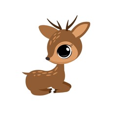 Little cub of a fawn with horns. Isolated object on a white background. Cheerful kind animal child. Cartoons flat style. Funny. Vector
