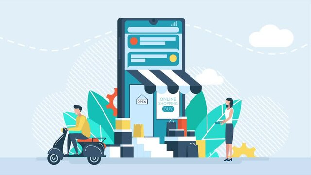 Online shopping, fast delivery, courier, review, store rating, seller rating. Restaurant food service, mail delivery service. Scooter with delivery man flat cartoon character. 2d bright animation.