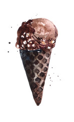 Watercolor illustration of chocolate ice cream in a dark waffle cone. Hand drawn print with dessert.
