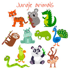 Set of cartoon cute jungle animals. Vector flat illustration.