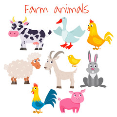 Set of cute cartoon farm animals. Vector flat illustrations.