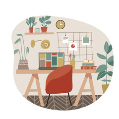 Workplace in scandinavian style. Cozy home with parquet and modern furniture. Studying or craft workspace. Freelance work on maternity leave. Flat vector illustaration.