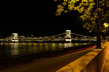 Fototapeta na wymiar Budapest, Hungary - June 20, 2019: Night view to The Széchenyi Chain Bridge