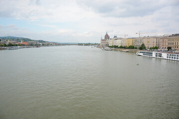 Budapest, Hungary - June 20, 2019: View to Danube river from The Széchenyi Chain Bridge