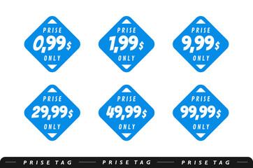 Obraz premium Set discount label. Sale 0.99 1.99 9.99 29.99 44,99 and 99,99 dollars only offer badge. Banner template for business, shops, advertising , discount, sale. Modern flat style vector illustration