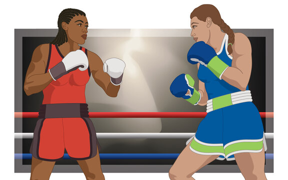two female boxers in upright stance in boxing ring