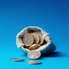 Euro coins in money bag on blue background