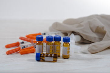 Medical supplies.Medicine vials from glass  or syringe for flu, covid, coronavirus, sarcob 2, sampling, insulin. laboratory