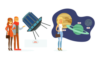 People Visiting Exhibition in Planetarium Set, Visitors Watching Models of Planets and Space Satellite, People at Science Museum Cartoon Vector Illustration