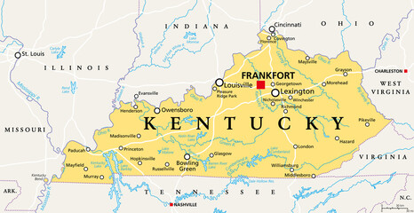 Kentucky, KY, political map with capital Frankfort and largest cities. Commonwealth of Kentucky. State in the Southeastern region of the United States of America. Bluegrass State. Illustration. Vector - obrazy, fototapety, plakaty