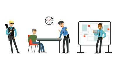 Policeman in Uniform Working at Police Station Set, Police Officer Interrogating Arrested Criminal Criminal, Detective Investigating Crime Cartoon Vector Illustration