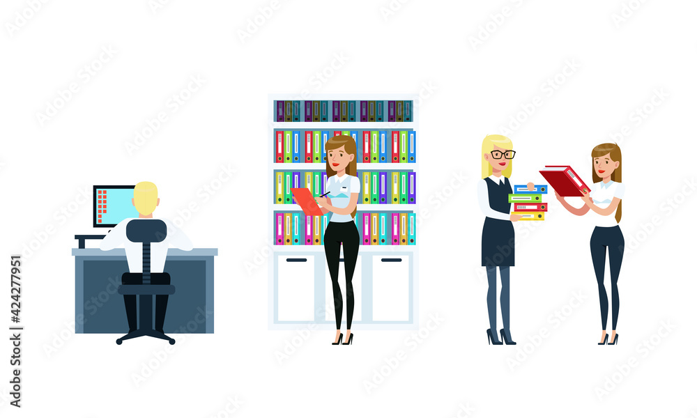 Canvas Prints Business People Working in Office Set, Employees Working at Computers and Paper Documetns Cartoon Vector Illustration