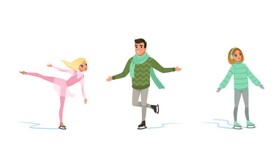 Professional Athletes and Amateurs Performing on Rink Set, Figure Skating People Training on Ice, Winter Sport Activity Concept Cartoon Vector Illustration