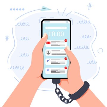 Gadget addiction Iron chain that ties together hand and smartphone in concept of social media and internet nomophobia and digital detox Concept of social problem mobile phone addiction Social Disease