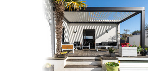 Trendy outdoor patio pergola shade structure, awning and patio roof, garden lounge and chairs. copy...