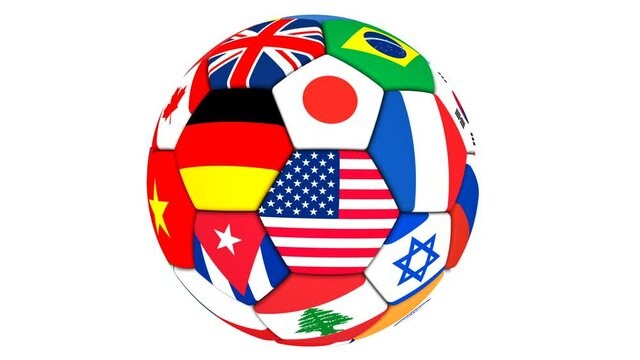 Soccer ball with flags of football powers. Rotating soccer ball with flags of football powers on a white surface. Footage video