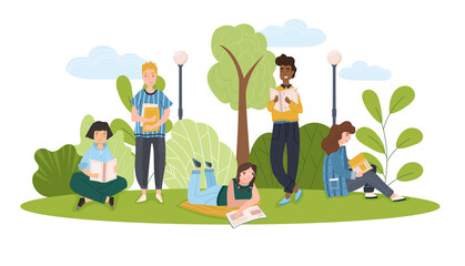 Fototapeta premium Kids reading books in the park