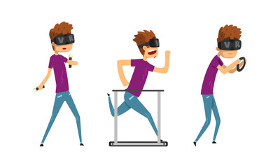 Man in Virtual Reality Headset Set, Guy Wearing VR Helmet Doing Sports Cartoon Vector Illustration