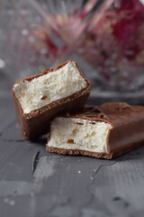 chocolate bar with nougat.grey background