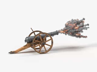 ramadan cannon on shot moment, 3d illustration, isolated on white. suitable for war, medieval, hystoric, islamic and ramadan themes.
