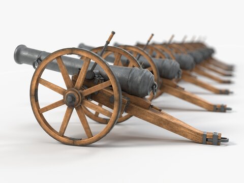 ramadan cannon sorted in a line, 3d illustration, isolated on white. suitable for war, medieval, hystoric, islamic and ramadan themes.