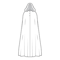 Cloak coat technical fashion illustration with hood, oversized trapeze body, floor maxi length, button closure. Flat jacket template front, white color style. Women, men, unisex top CAD mockup