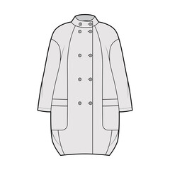 Cocoon coat technical fashion illustration with long dropped sleeves, double breasted, oversized body, knee length. Flat jacket template front, grey color style. Women, men, unisex top CAD mockup