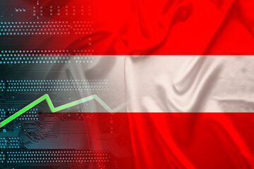 national flag of Austria on silk with folds, green electronic printed circuit board PCB, growth...