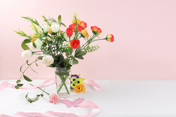 Holiday concept with flowers, spring or summer composition, still life, flowers in a vase, banner. Mother's day card, happy birthday, wedding, flower shop advertisement,