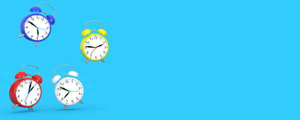 Alarm clocks fly in the air on a blue background. Business concept. Banner format