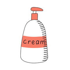 Cream or soap in the dispenser. Vector illustration in doodle style on a white background with strokes. Skin and body care product