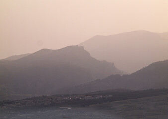morning at dawn, mountains silhouettes