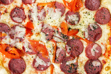 Closeup of pepperoni pizza with salami, mozzarella and tomatoes.