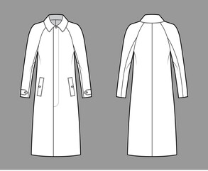 Mackintosh coat technical fashion illustration with raglan long sleeves, oversized body, midi length. Flat rubber jacket template front, back, white color style. Women, men, unisex top CAD mockup © Vectoressa