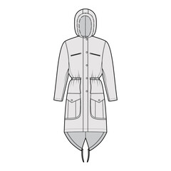 Parka coat technical fashion illustration with faux fur hood, long sleeves, fitted body, knee length, flap pockets. Flat jacket template front, grey color style. Women, men, unisex top CAD mockup