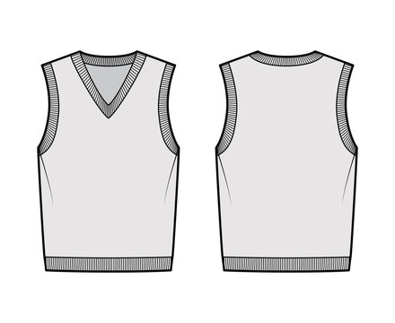 Pullover vest sweater waistcoat technical fashion illustration with sleeveless, rib knit V-neckline, oversized body. Flat template front, back, grey color style. Women, men, unisex top CAD mockup