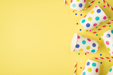 Overhead photo of cups drink cocktail party tubules and multicolored confetti isolated on the yellow background with blank space