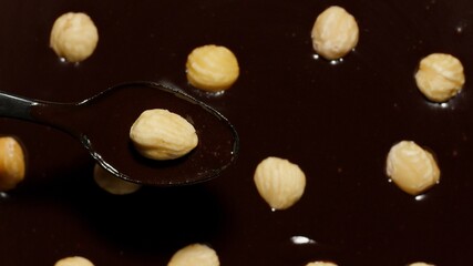 Melted liquid premium dark chocolate and hazelnuts rotating. Process of making confectionery sweet desserts with nuts. Close-up of molten liquid hot chocolate swirl. Melted chocolate syrup