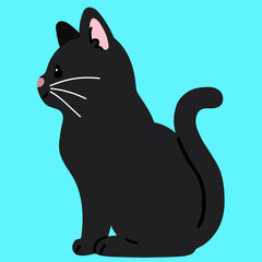 Simple and adorable black cat sitting in side view flat colored