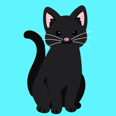 Simple and adorable black cat sitting in front view flat colored