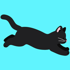 Simple and adorable black cat jumping in side view flat colored