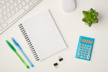 Top view photo of business workplace with keyboard mouse plant binders notebook with copyspace blue calculator and two pens on isolated white background