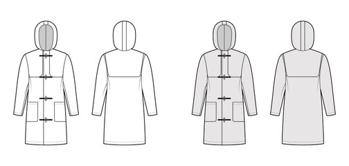 Duffle coat technical fashion illustration with hood, long sleeves, oversized body, knee length, toggle. Flat jacket template front, back, white, grey color style. Women, men, unisex top CAD mockup