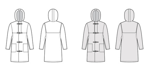 Duffle coat technical fashion illustration with hood, long sleeves, oversized body, knee length, toggle. Flat jacket template front, back, white, grey color style. Women, men, unisex top CAD mockup © Vectoressa