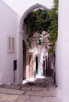 ALLEY OF A SMALL TOWN WITH WHITE WALLS AND FLOWERS ON THE BALCONIES AND STONE STAIRS