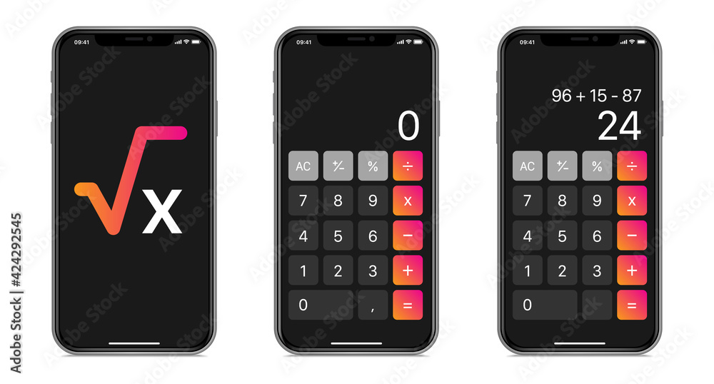 Wall mural calculator application on smartphone mockup set. isolated math calculator interface on white backgro