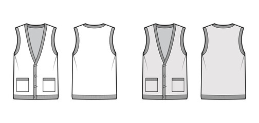 Cardigan vest sweater waistcoat technical fashion illustration with sleeveless, rib knit V-neckline, button closure. Flat template front, back, white, grey color style. Women, men, unisex CAD mockup